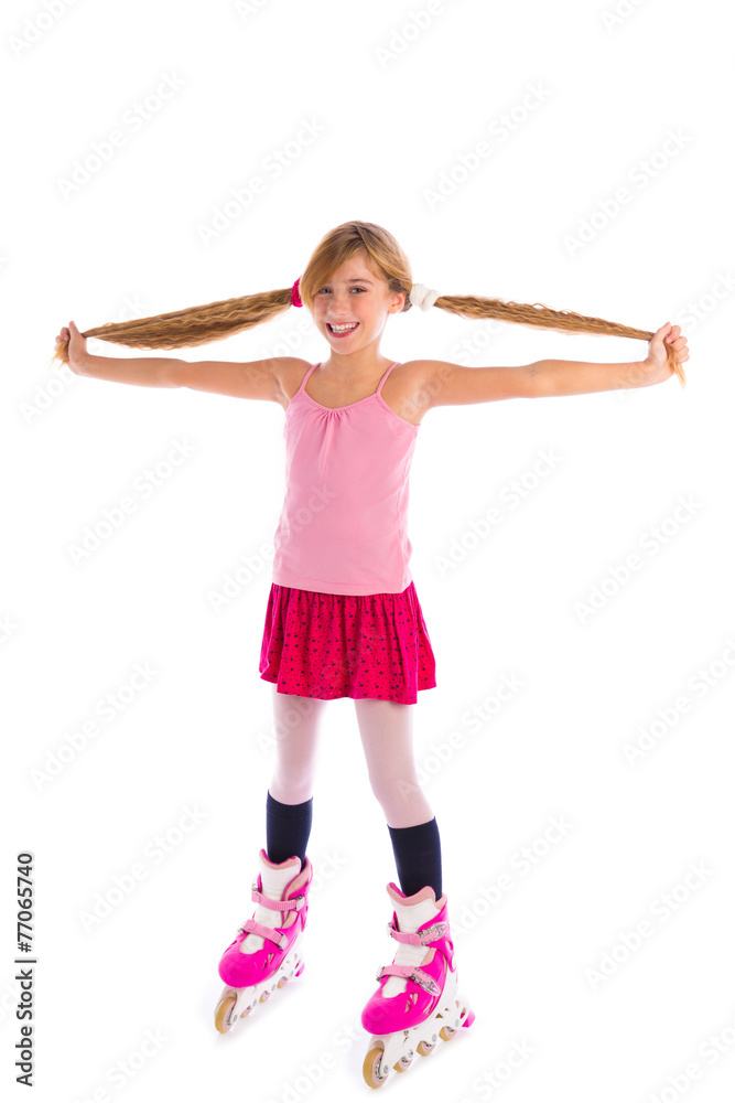 blond pigtails roller skate girl full length on white blond pigtails roller skate girl full length on white