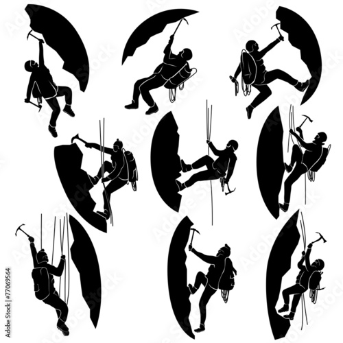 Set silhouettes of alpinists (climbers). photo