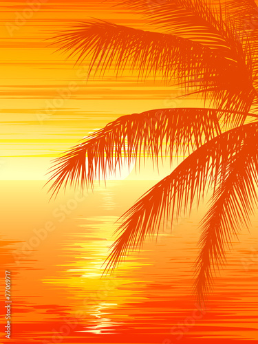 Illustration of sunset in ocean with palm tree.