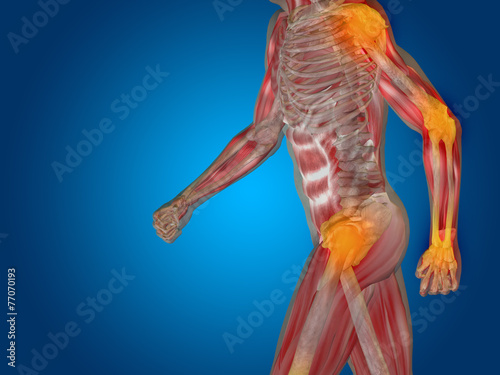 Conceptual human body anatomy pain on blue