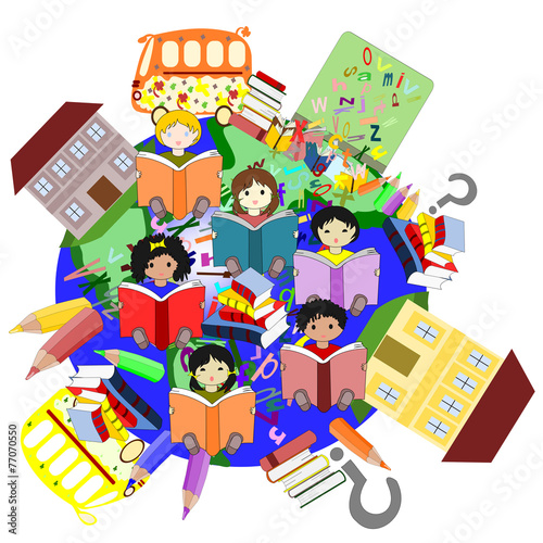 Happy children of different races reading books, our planet for