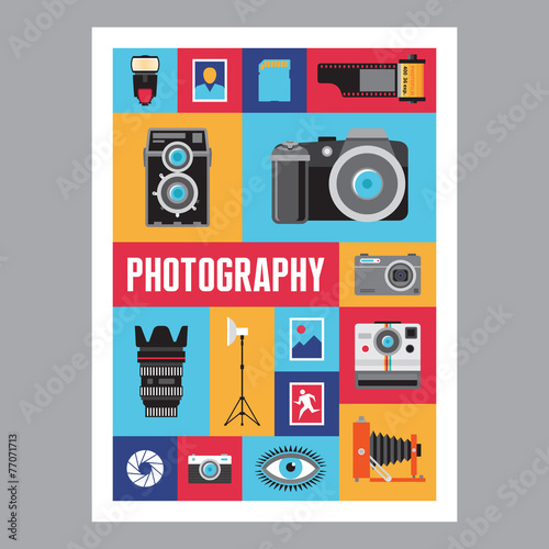 Photography - mosaic flat design poster. Vector icons set.
