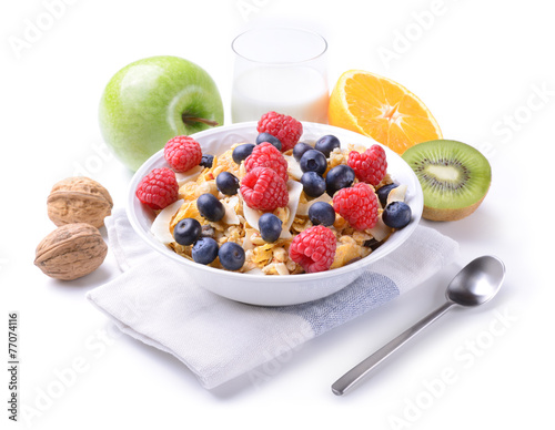 Breakfast with muesli and fruit
