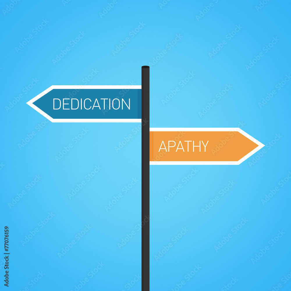 Dedication vs apathy choice road sign Dedication vs apathy choice road sign