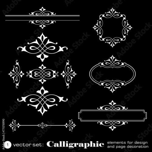 Calligraphic elements for design on black background - set 1