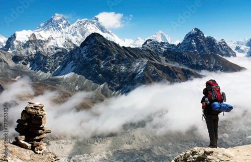 view of Everest from Gokyo Ri with tourist