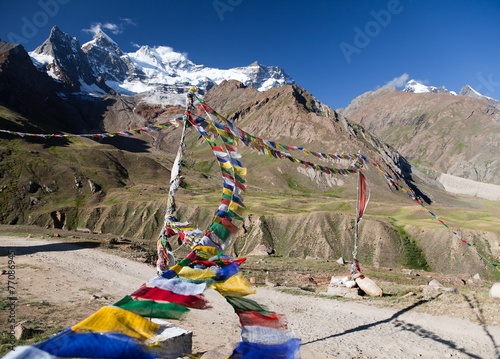 view of Nun Kun Range with buddhist prayer flags
