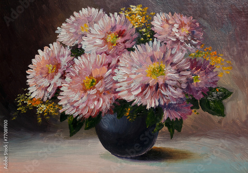 Oil painting on canvas - still life flowers on the table, art wo