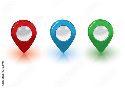Map pointers, red, blue and green, vector