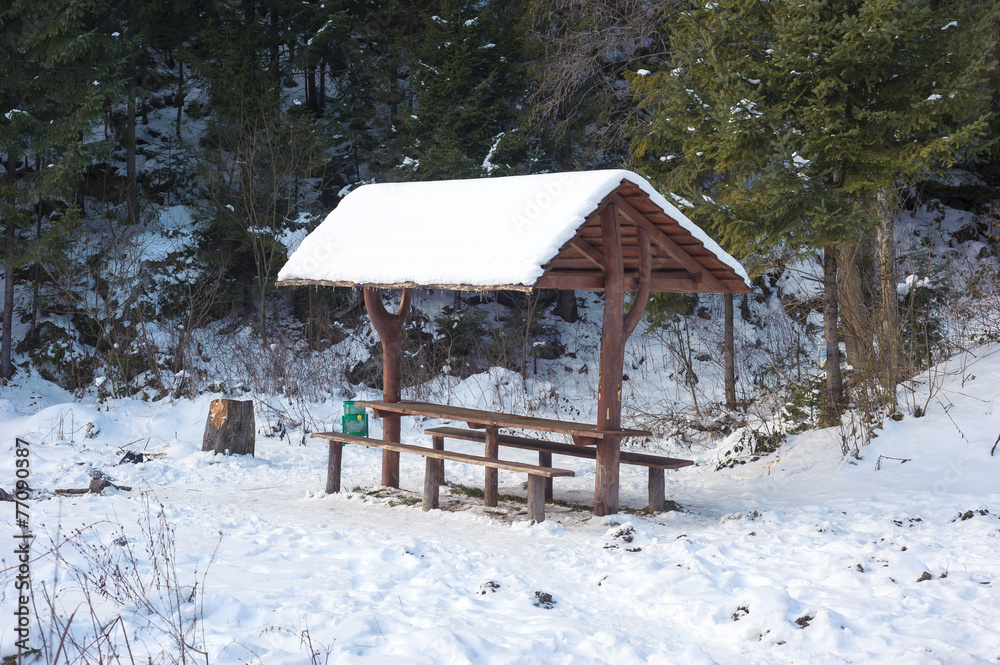 Picnic place for tourists in winter forest