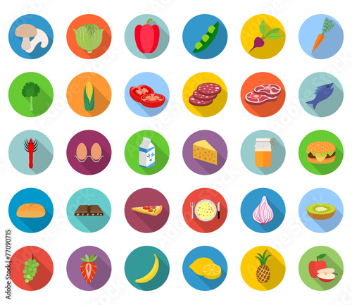 Set of food icons in flat design with long shadows