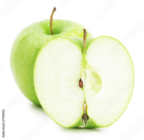 green apple with half of apple isolated on the white background