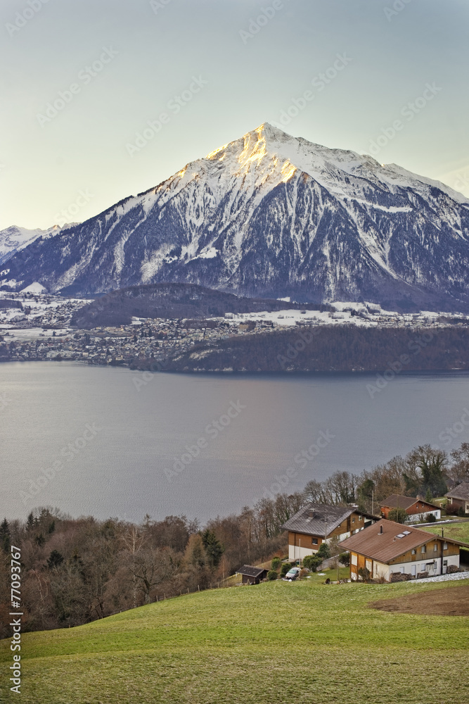 Panoramic view of Swiss mountain near the Thun lake in winter