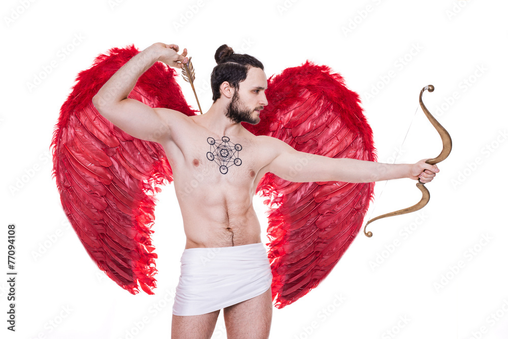Foto Stock Sexy adult Cupid with big red wings. Valentine, Archangel |  Adobe Stock