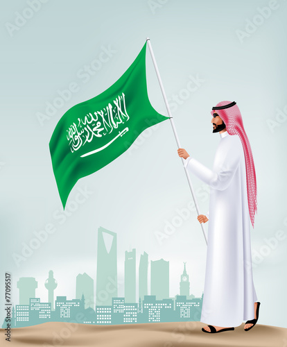 Saudi Arabia Man Holding Flag in the City Vector