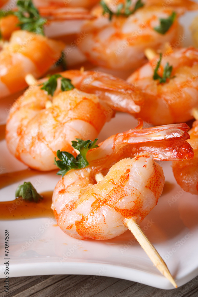 tasty grilled shrimp on wooden skewers macro vertical tasty grilled shrimp on wooden skewers macro vertical