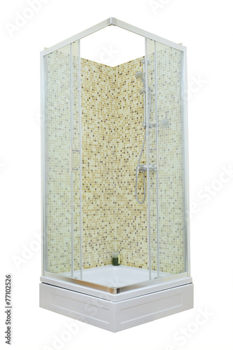 Shower cabin with mosaic tiles and glass door