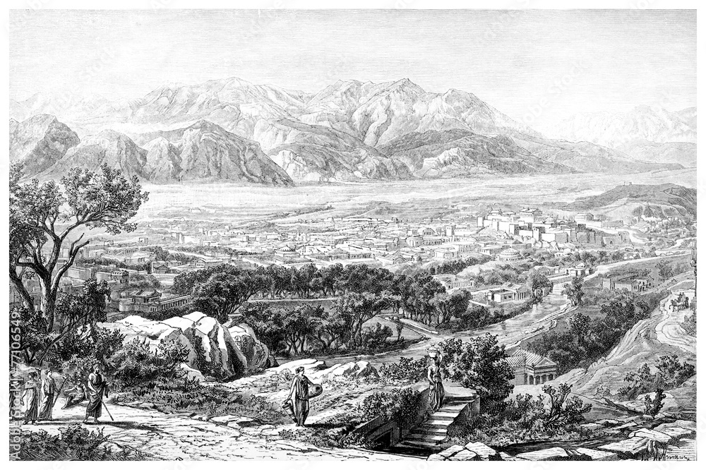Victorian engraving of an ancient view of Sparta, Greece - obrazy, fototapety, plakaty 