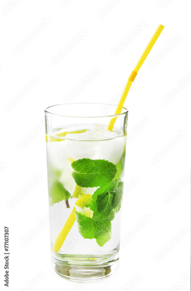 Summer cocktail with ice cubes isolated on white Summer cocktail with ice cubes isolated on white