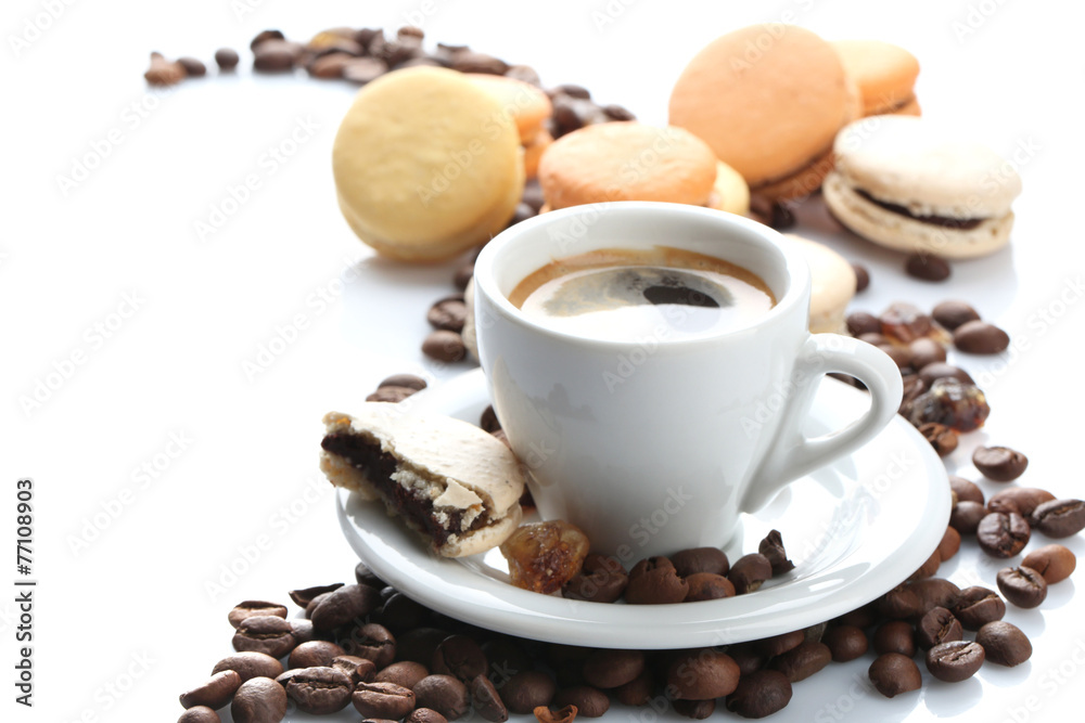 Gentle colorful macaroons and black coffee in mug isolated Gentle colorful macaroons and black coffee in mug isolated