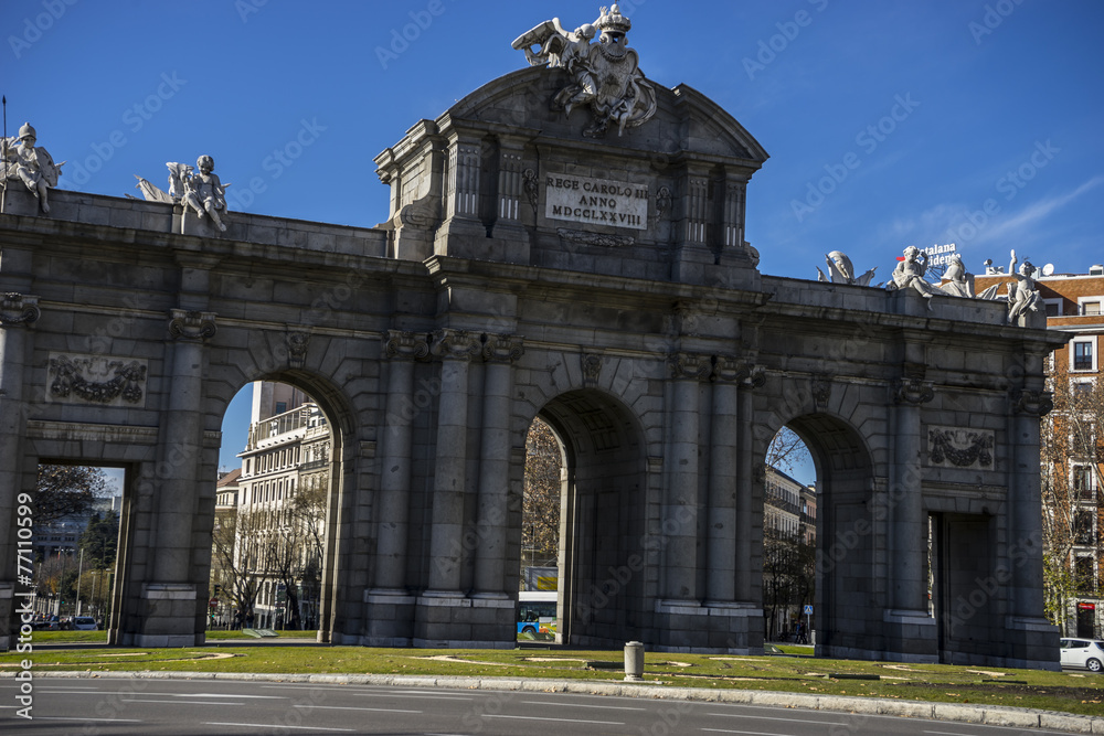 Touristic, mythical alcala door in the capital of Spain, Madrid
