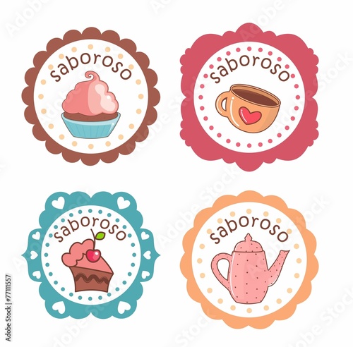 Etiquetas, desenho cupcake, xícara, bolo e bule