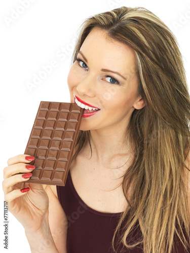 Young Woman Holding a Milk Chocolate Bar
