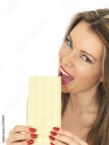 Young Woman Holding a White Chocolate Bar