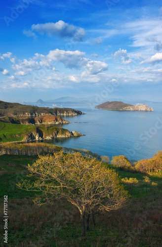 Spring evening landscape surrounding area of Nakhodka Bay.