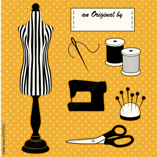 Fashion model mannequin, DIY sewing, tailoring, label, polka dot