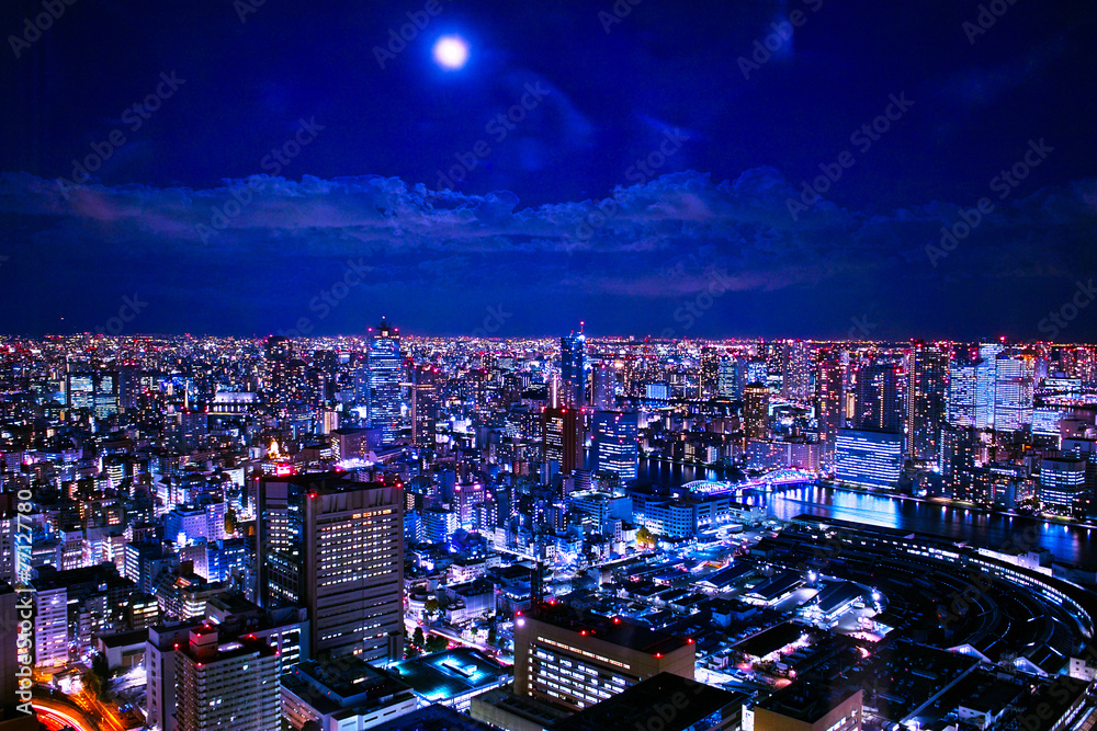 Obraz premium Nocny widok nocy w pełni księżyca w centrum Tokio