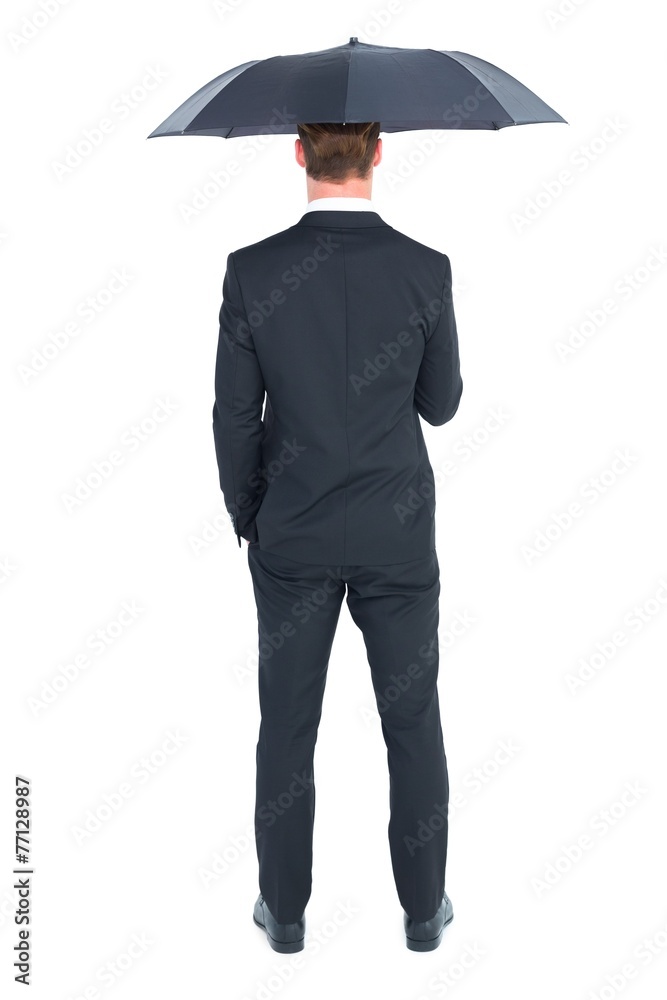 Rear view of businessman under an umbrella Rear view of businessman under an umbrella