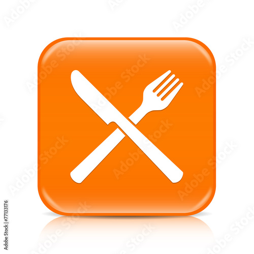 Orange knife and fork button icon with reflection