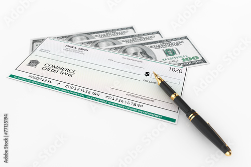 Blank Banking Check and Fountain Pen with Dollars Bills