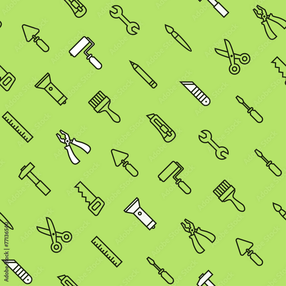 Flat house tools on green seamless pattern Flat house tools on green seamless pattern