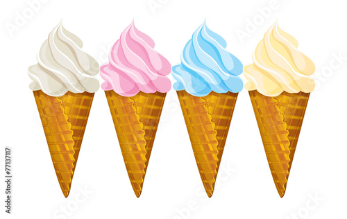Ice cream waffle cone, four different colors