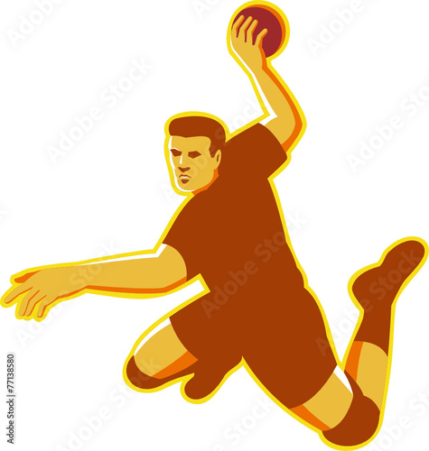 handball player jumping striking retro