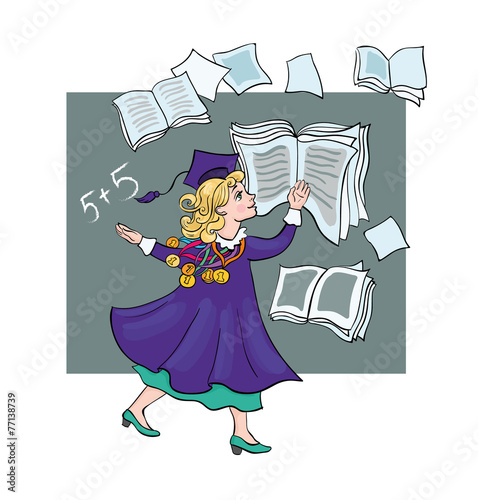 Student medalist with symboliс flying books
