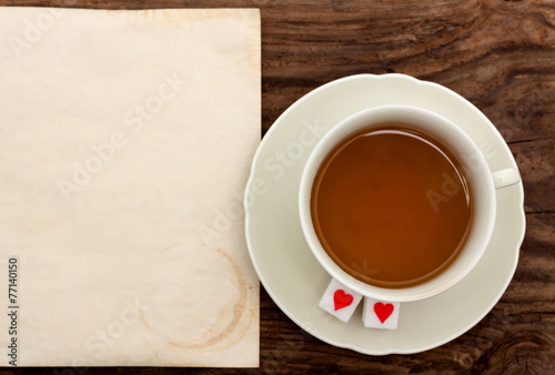 tea cup saucer paper old sugar heart valentine's background