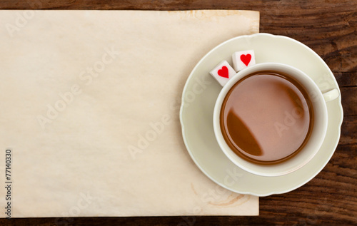 cup tea note blank paper old table sugar hearts