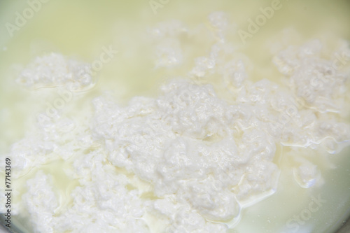 Folding of paneer cheese in milk thrusting with selective focus