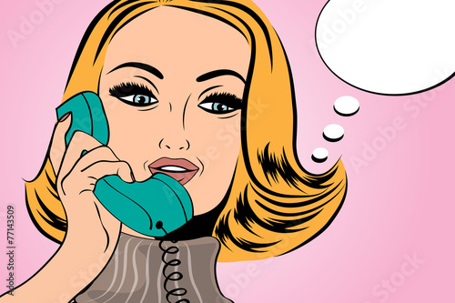 pop art cute retro woman in comics style talking on the phone
