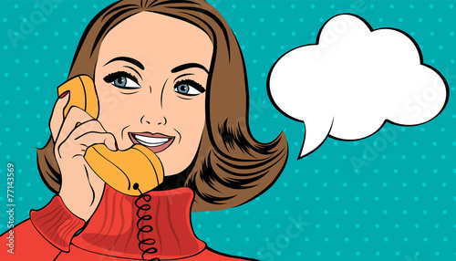 pop art cute retro woman in comics style talking on the phone
