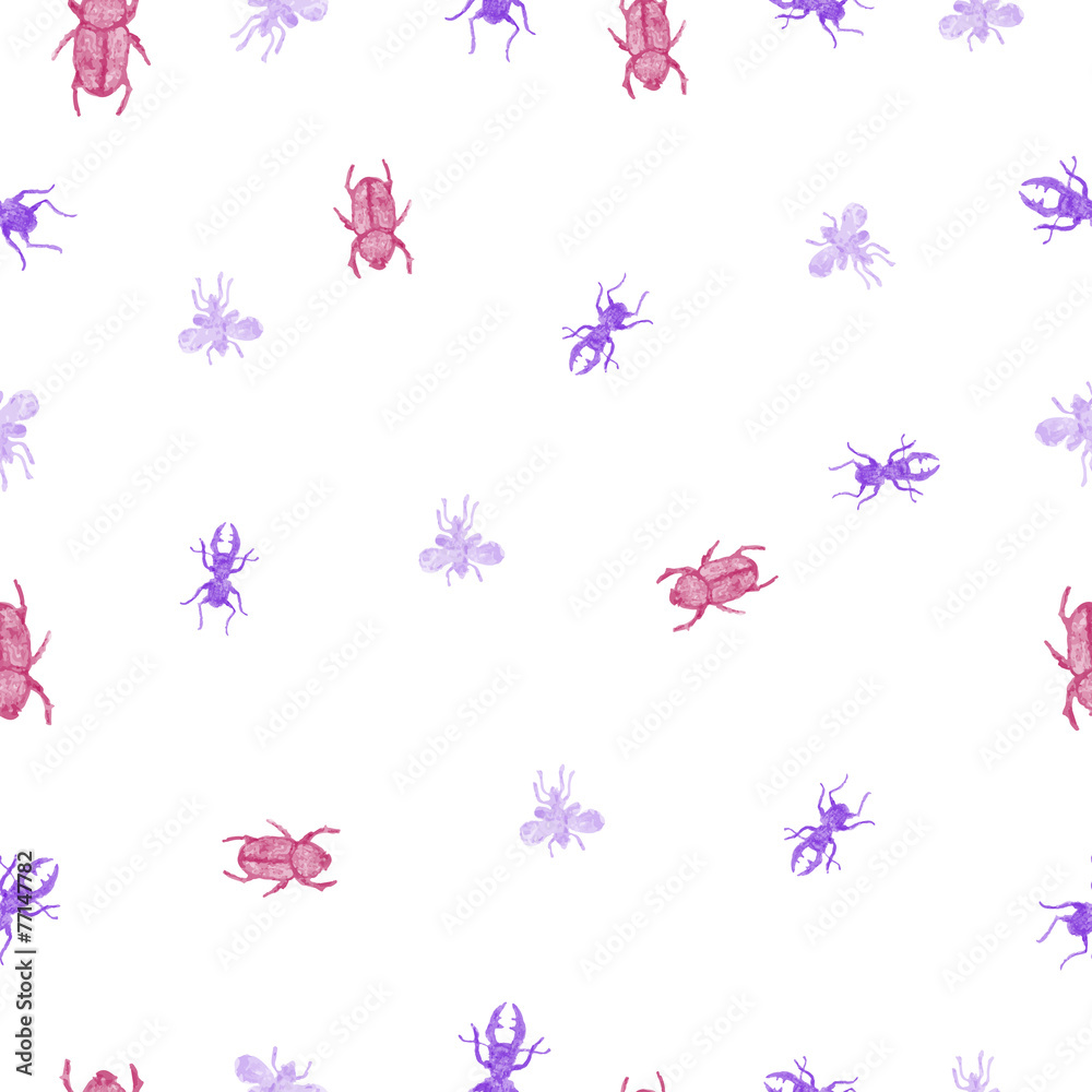 seamless pattern with pencil sketches beetles and insects