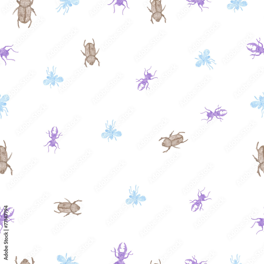 seamless pattern with pencil sketches beetles and insects