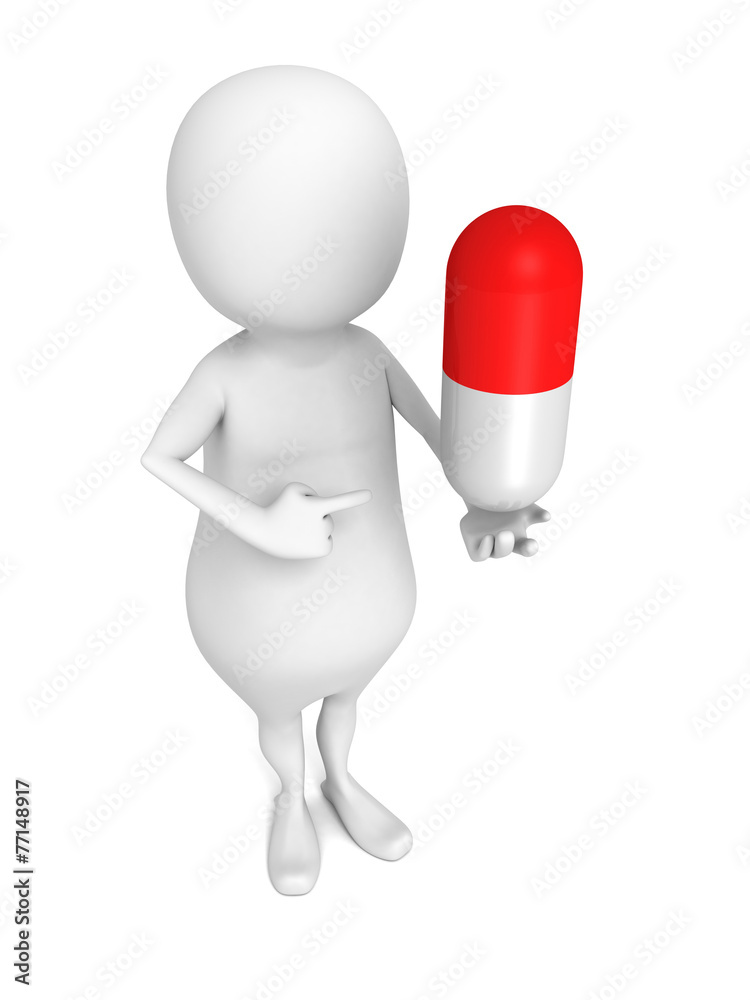 white 3d man with red medicine pill. first aid concept white 3d man with red medicine pill. first aid concept