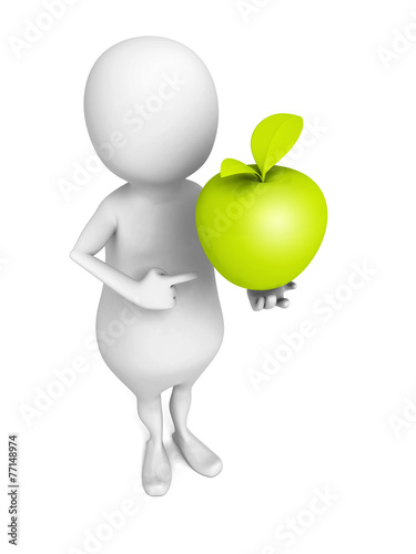 white 3d man with green fresh apple photo