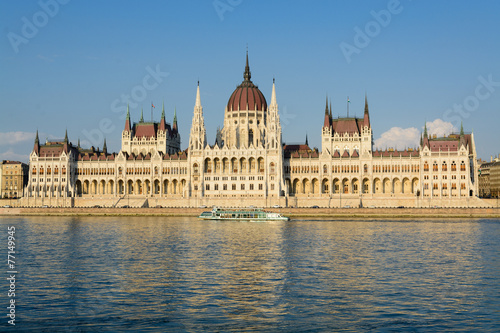 Hungarian parliament along Danube river in Budapest