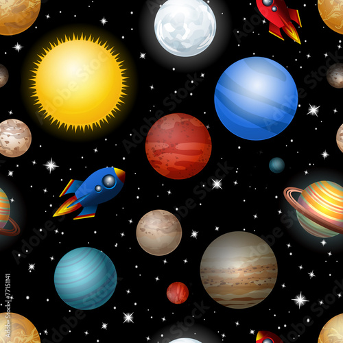 seamless pattern with planets and rockets