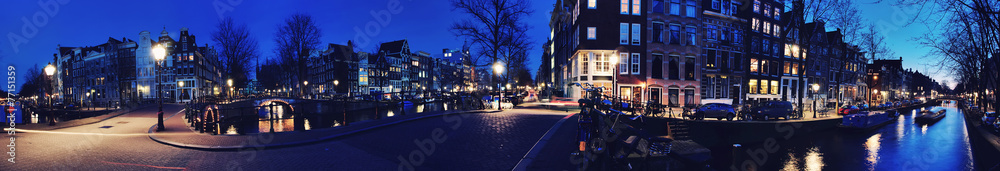 Panorama of Amsterdam, Netherlands canals and bridges